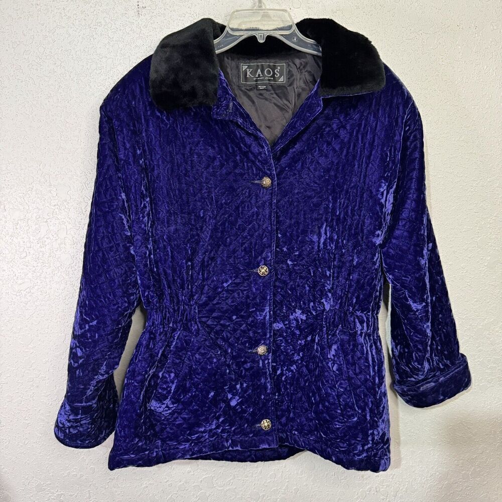 KAOS by Andy Jones Purple quilted velvet‎ Jacket Woman faux fur collar M Vtg